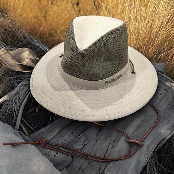 Panama Jack Other - Panama Jack Mesh Khaki Tan Safari Sun Hat 3" Brim Leather Chin Strap SPF Unisex
